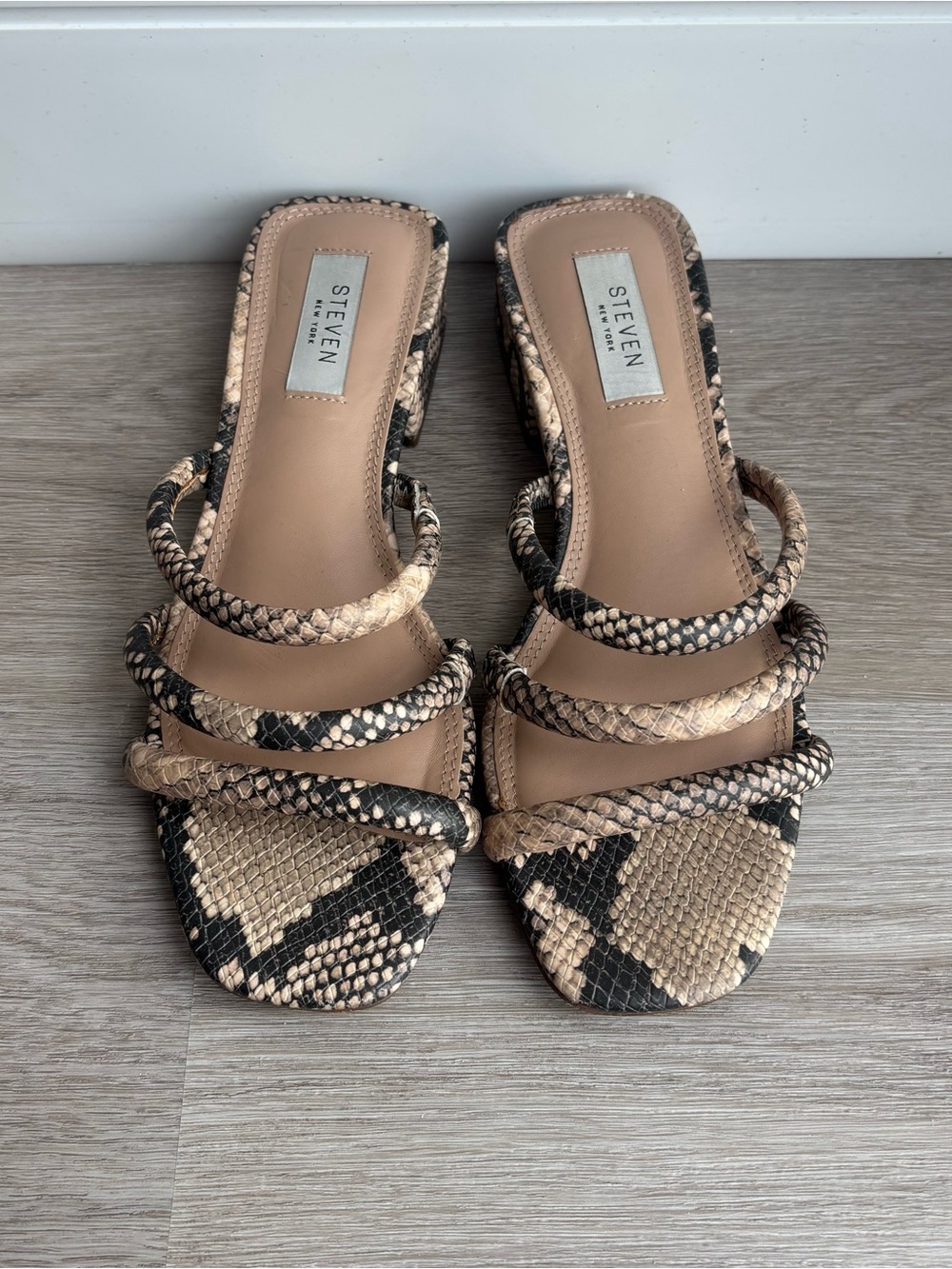 Steve Madden STEVEN Snake-Print Strappy Slide Sandals in Beige & Black